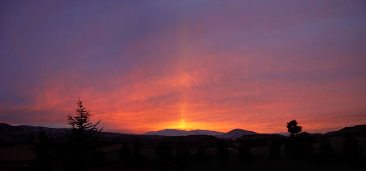 An amazing sun pillar at sunset on May 10, 2016. A storm had recently passed.